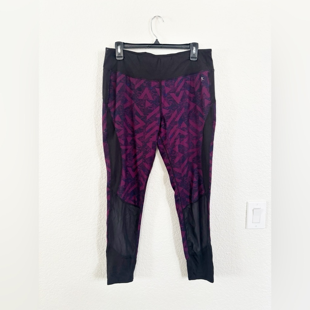 Danskin Now Leggings Large Purple Black Geometric Mesh Activewear Pants 12-14
